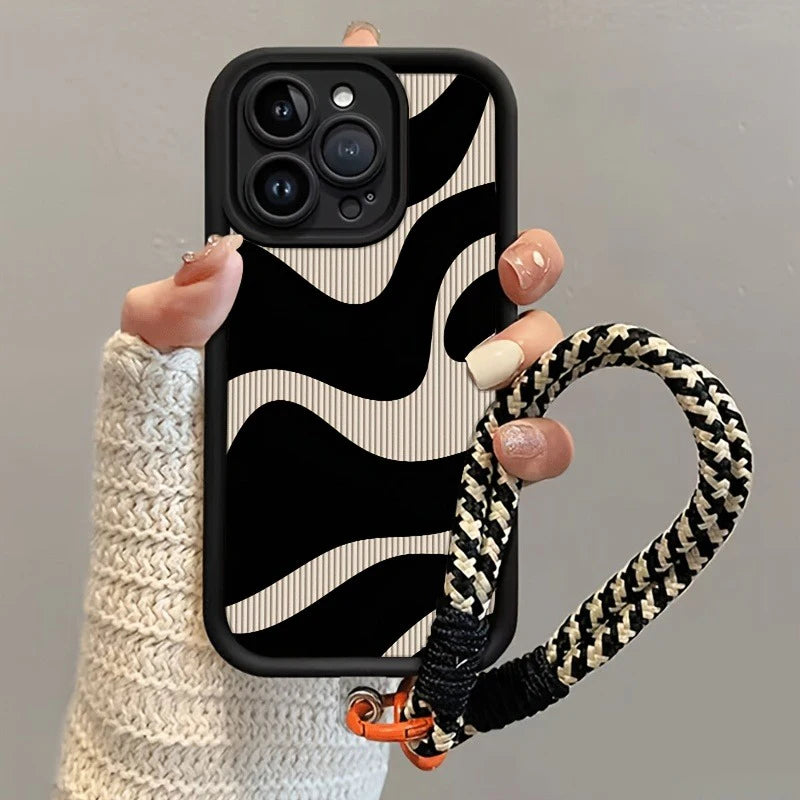 Zebra Stripe Pattern Hang Strap Silicone Phone Case For iPhone 17 16 15 14 13 12 11 Pro Max X XS XR 7 Plus 16E 17Air Soft Cover