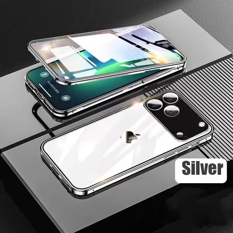 360° Full Protection Metal Magnetic Double-Sided Tempered Glass Case for iPhone 17 Pro Max, 17, 17 Air, 17 Pro with Lock Catch