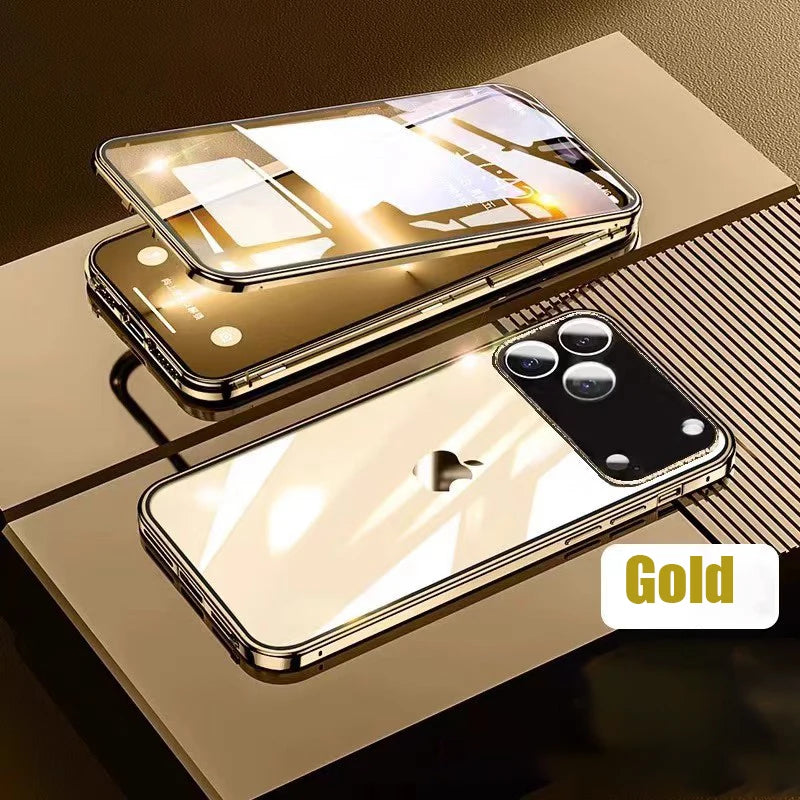 360° Full Protection Metal Magnetic Double-Sided Tempered Glass Case for iPhone 17 Pro Max, 17, 17 Air, 17 Pro with Lock Catch