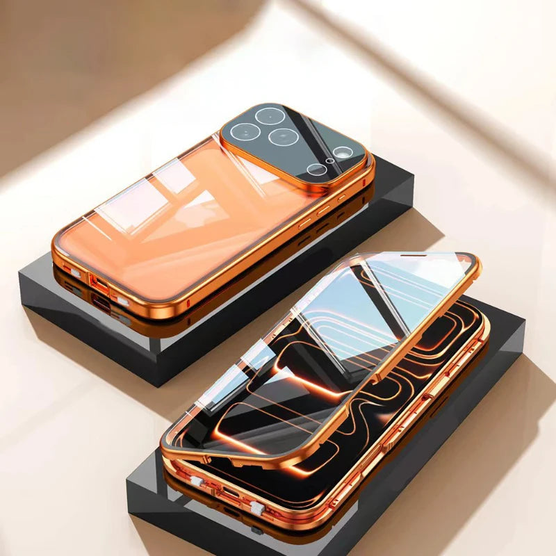 360° Full Protection Metal Magnetic Double-Sided Tempered Glass Case for iPhone 17 Pro Max, 17, 17 Air, 17 Pro with Lock Catch