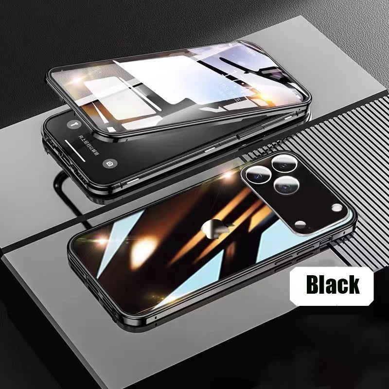 360° Full Protection Metal Magnetic Double-Sided Tempered Glass Case for iPhone 17 Pro Max, 17, 17 Air, 17 Pro with Lock Catch