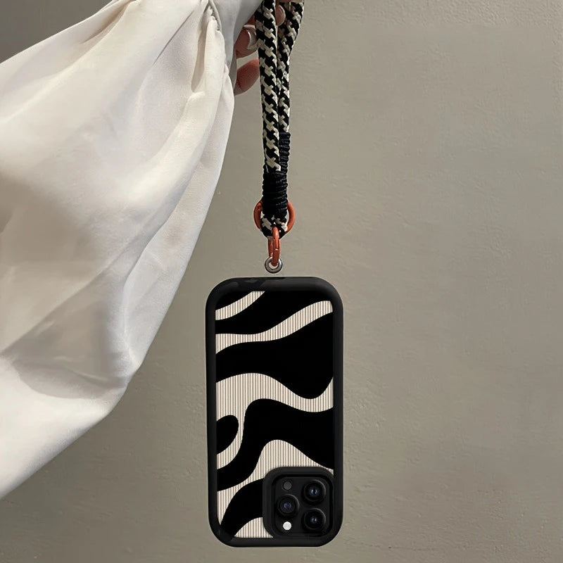 Zebra Stripe Pattern Hang Strap Silicone Phone Case For iPhone 17 16 15 14 13 12 11 Pro Max X XS XR 7 Plus 16E 17Air Soft Cover